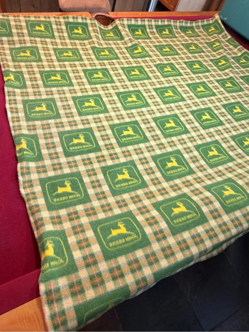 John Deere Logo FLEECE Plaid Green Yellow Blanket Country Style 62”X 59 raw Edge